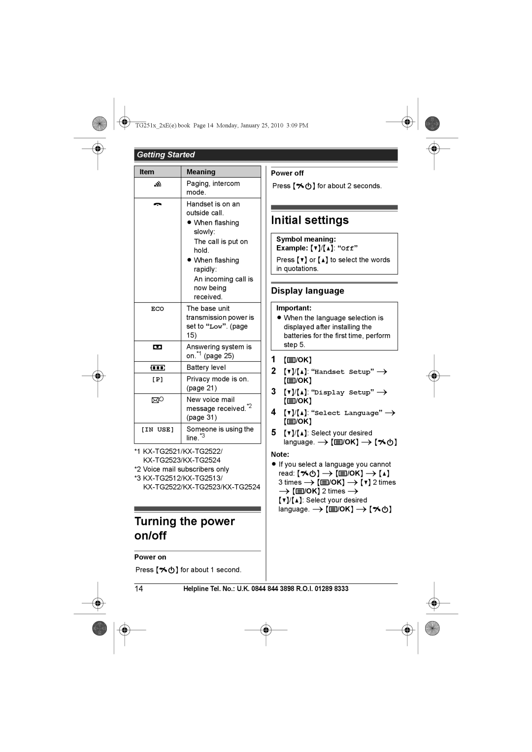 Panasonic KX-TG2521E, KX-TG2523E, KX-TG2524E, KX-TG2522E Turning the power on/off, Initial settings, Display language 