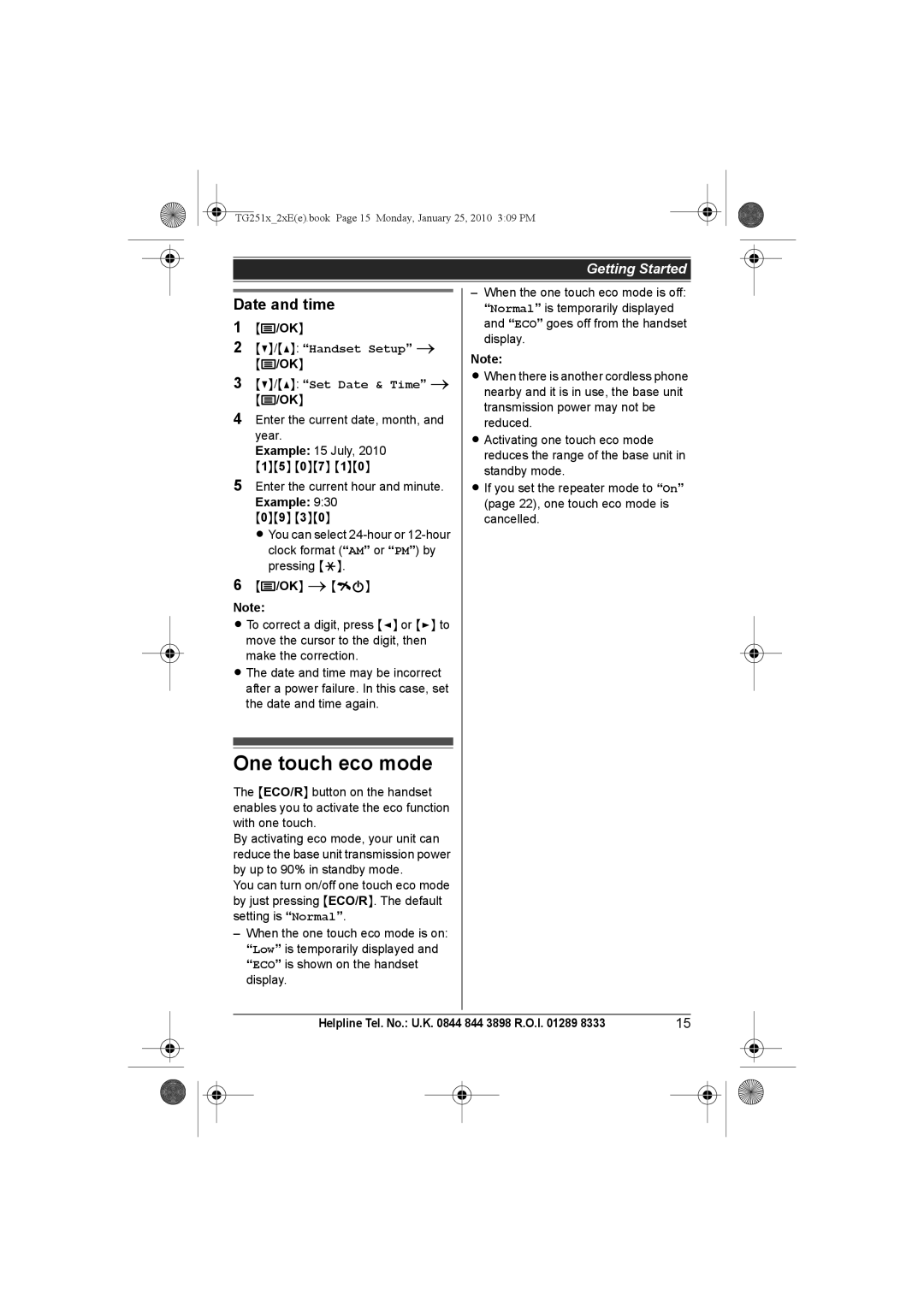 Panasonic KX-TG2522E, KX-TG2523E, KX-TG2524E, KX-TG2521E One touch eco mode, Date and time, Handset Setup Set Date & Time 