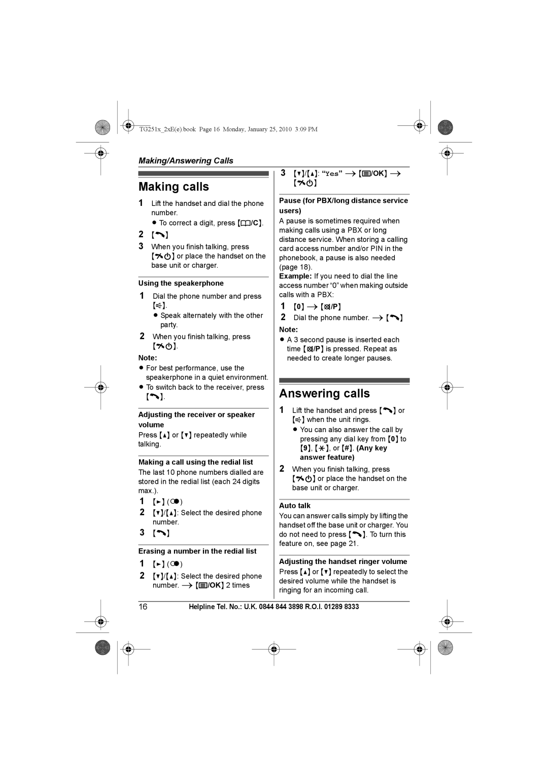 Panasonic KX-TG2523E, KX-TG2524E, KX-TG2521E, KX-TG2522E operating instructions Making calls, Answering calls 