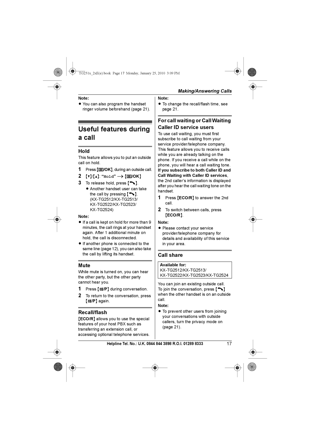 Panasonic KX-TG2524E, KX-TG2523E, KX-TG2521E, KX-TG2522E Useful features during a call, Hold, Mute, Recall/flash, Call share 