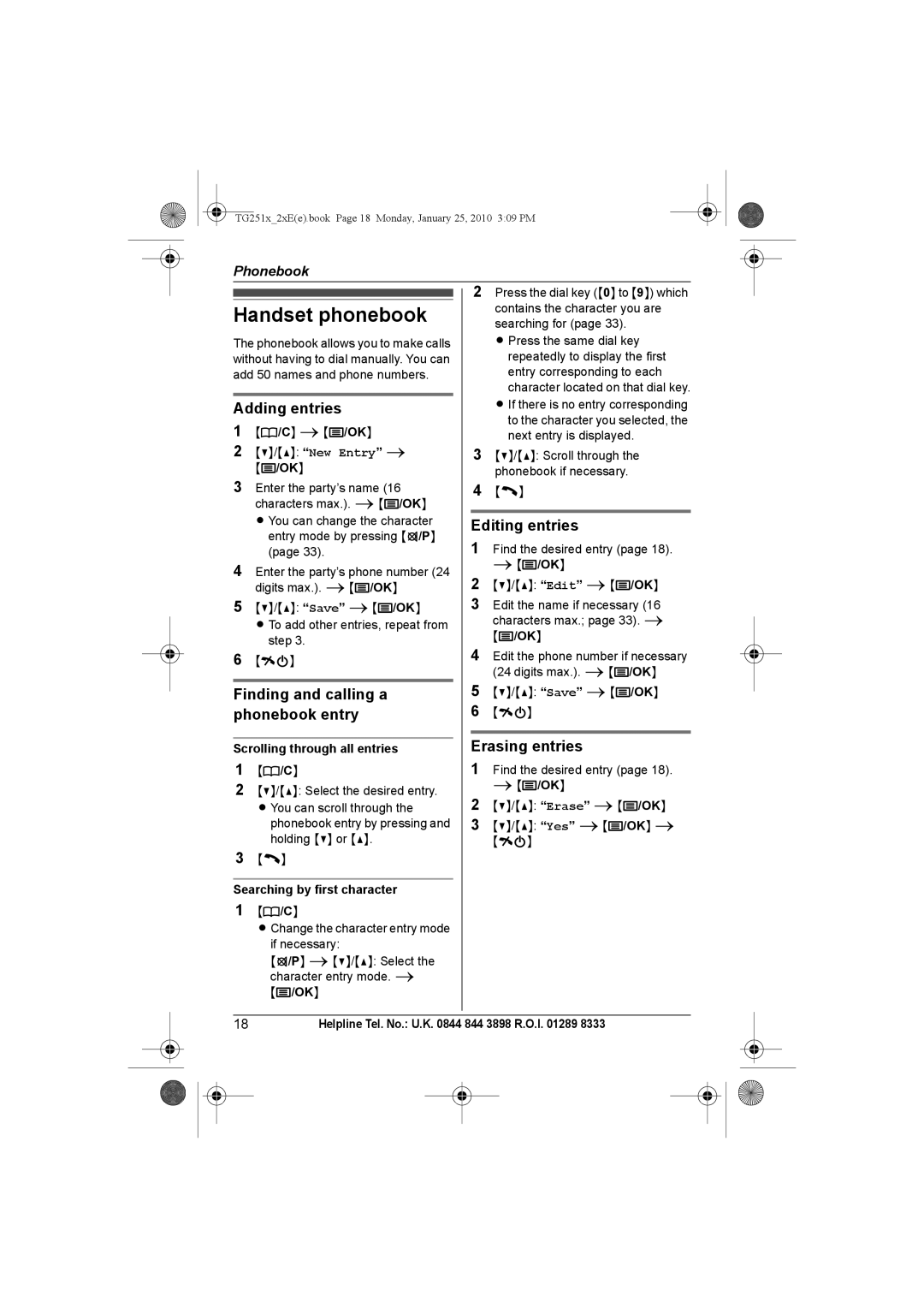 Panasonic KX-TG2521E, KX-TG2523E Handset phonebook, Adding entries, Finding and calling a phonebook entry, Editing entries 