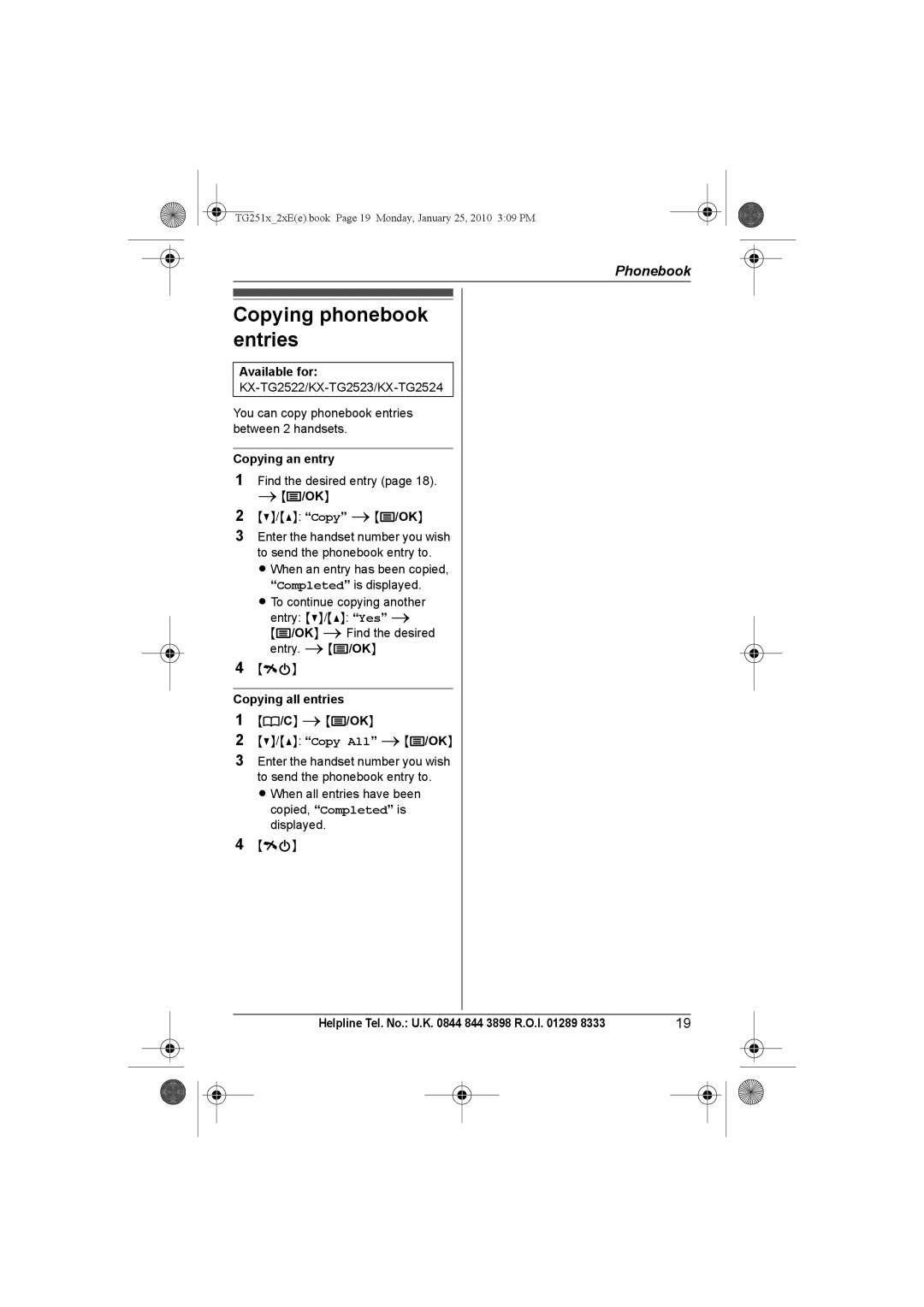 Panasonic KX-TG2522E, KX-TG2523E, KX-TG2524E, KX-TG2521E Copying phonebook entries, Copying an entry, Copying all entries 