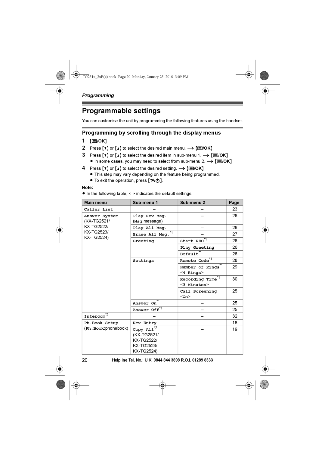 Panasonic KX-TG2523E, KX-TG2524E, KX-TG2521E Programmable settings, Programming by scrolling through the display menus 