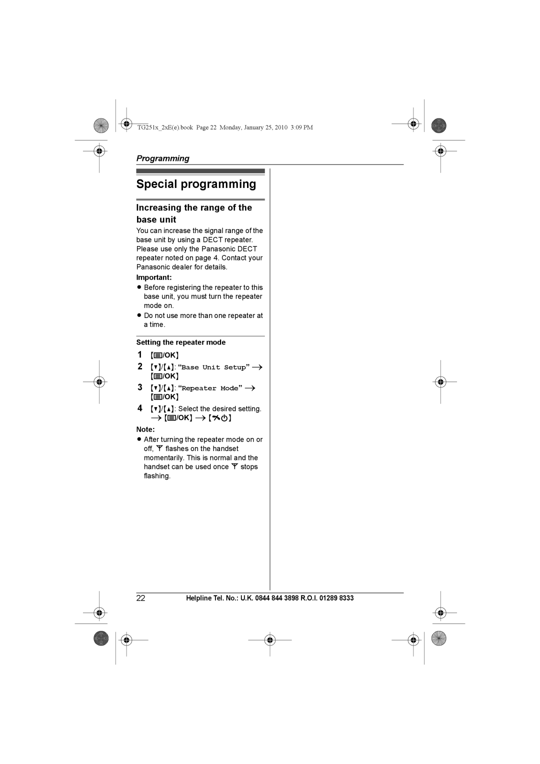 Panasonic KX-TG2521E, KX-TG2523E Special programming, Increasing the range of the base unit, Setting the repeater mode 