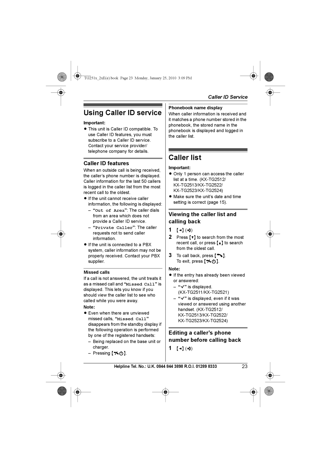 Panasonic KX-TG2522E Using Caller ID service, Caller list, Caller ID features, Viewing the caller list and calling back 