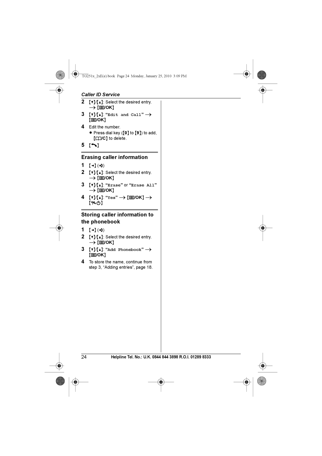 Panasonic KX-TG2523E Erasing caller information, Storing caller information to the phonebook, Edit and Call, Add Phonebook 