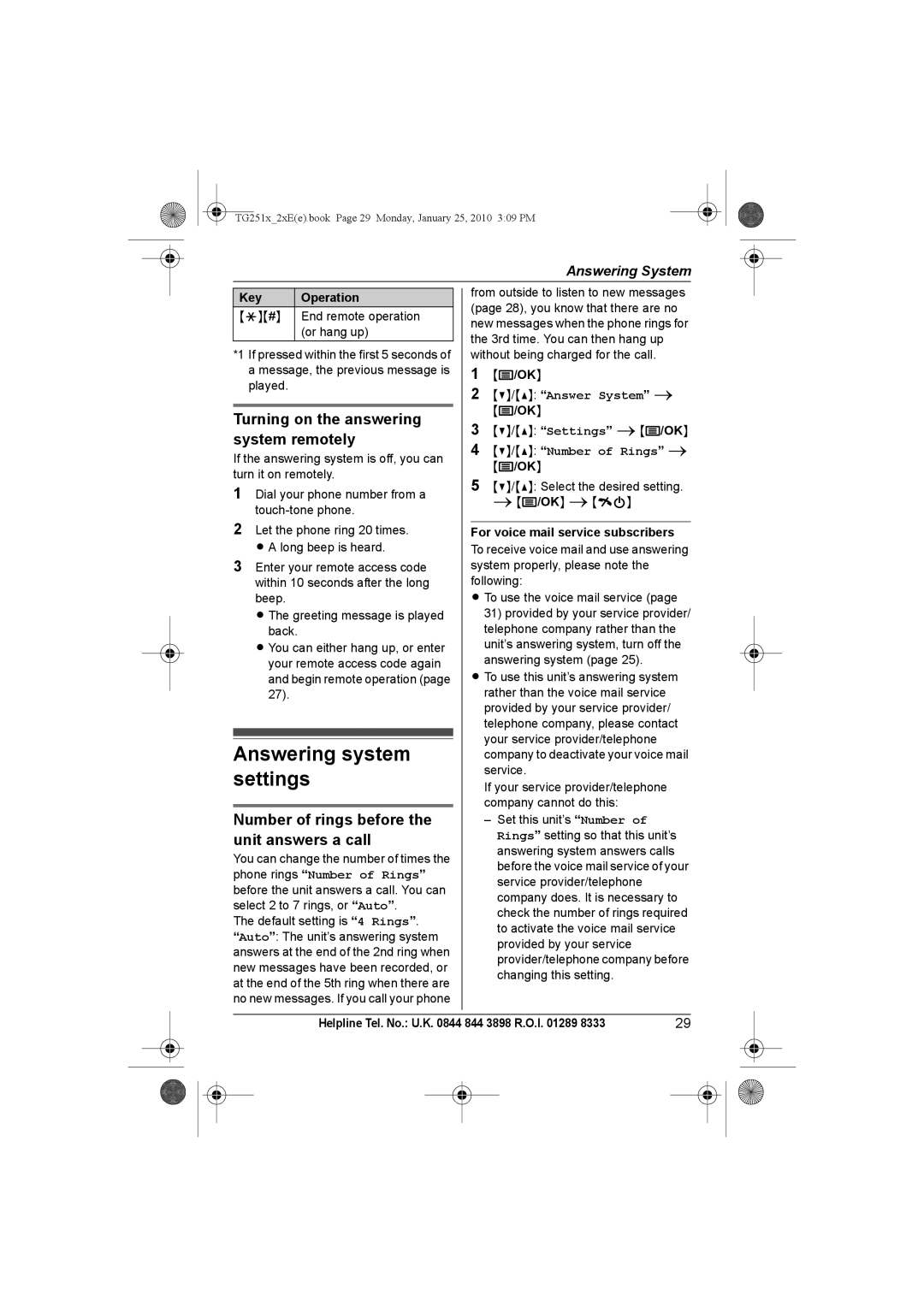 Panasonic KX-TG2524E, KX-TG2523E Answering system settings, Turning on the answering system remotely, Number of Rings 