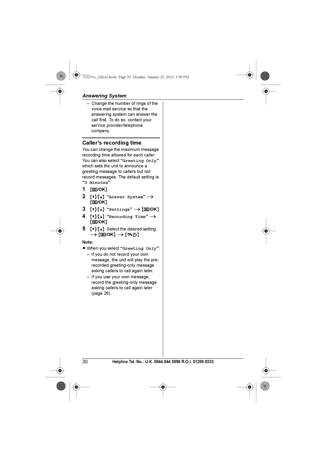 Panasonic KX-TG2521E, KX-TG2523E, KX-TG2524E, KX-TG2522E operating instructions Caller’s recording time, Recording Time 