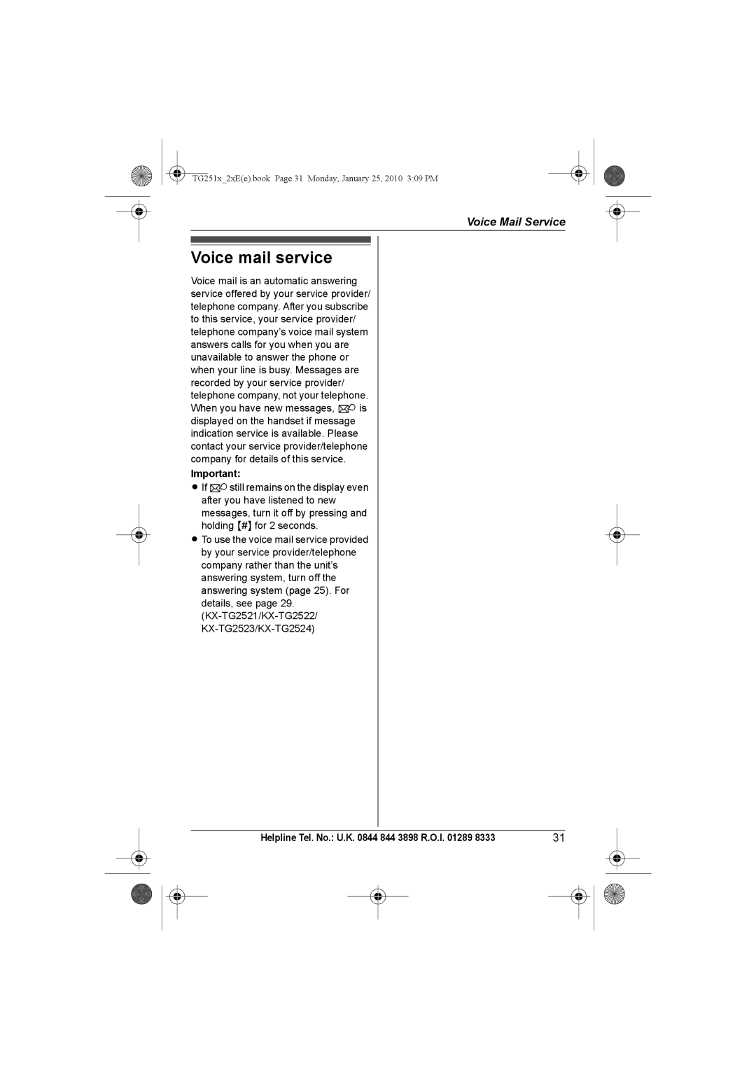 Panasonic KX-TG2522E, KX-TG2523E, KX-TG2524E, KX-TG2521E operating instructions Voice mail service 