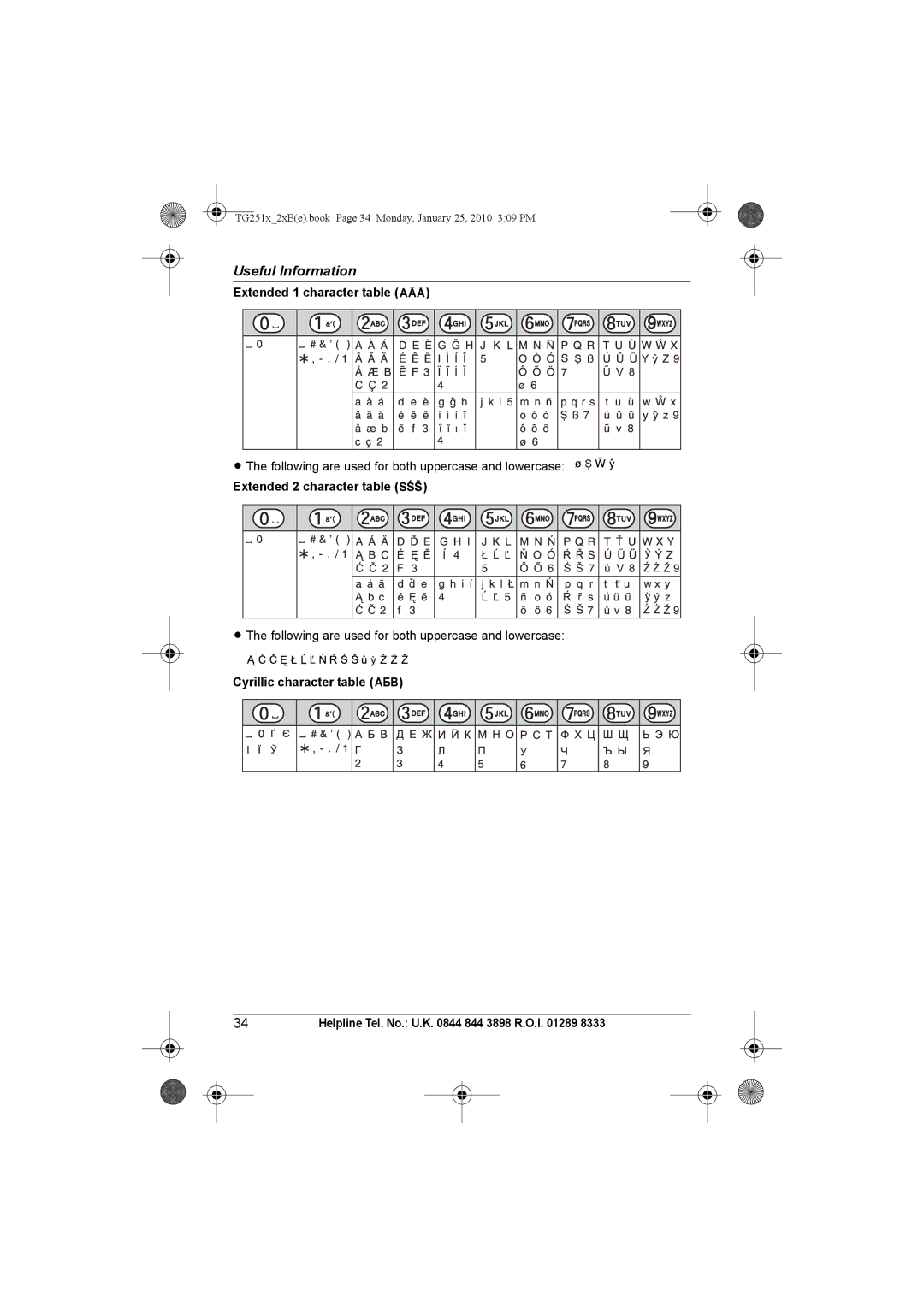 Panasonic KX-TG2521E, KX-TG2523E, KX-TG2524E, KX-TG2522E Extended 1 character table N, Extended 2 character table O 