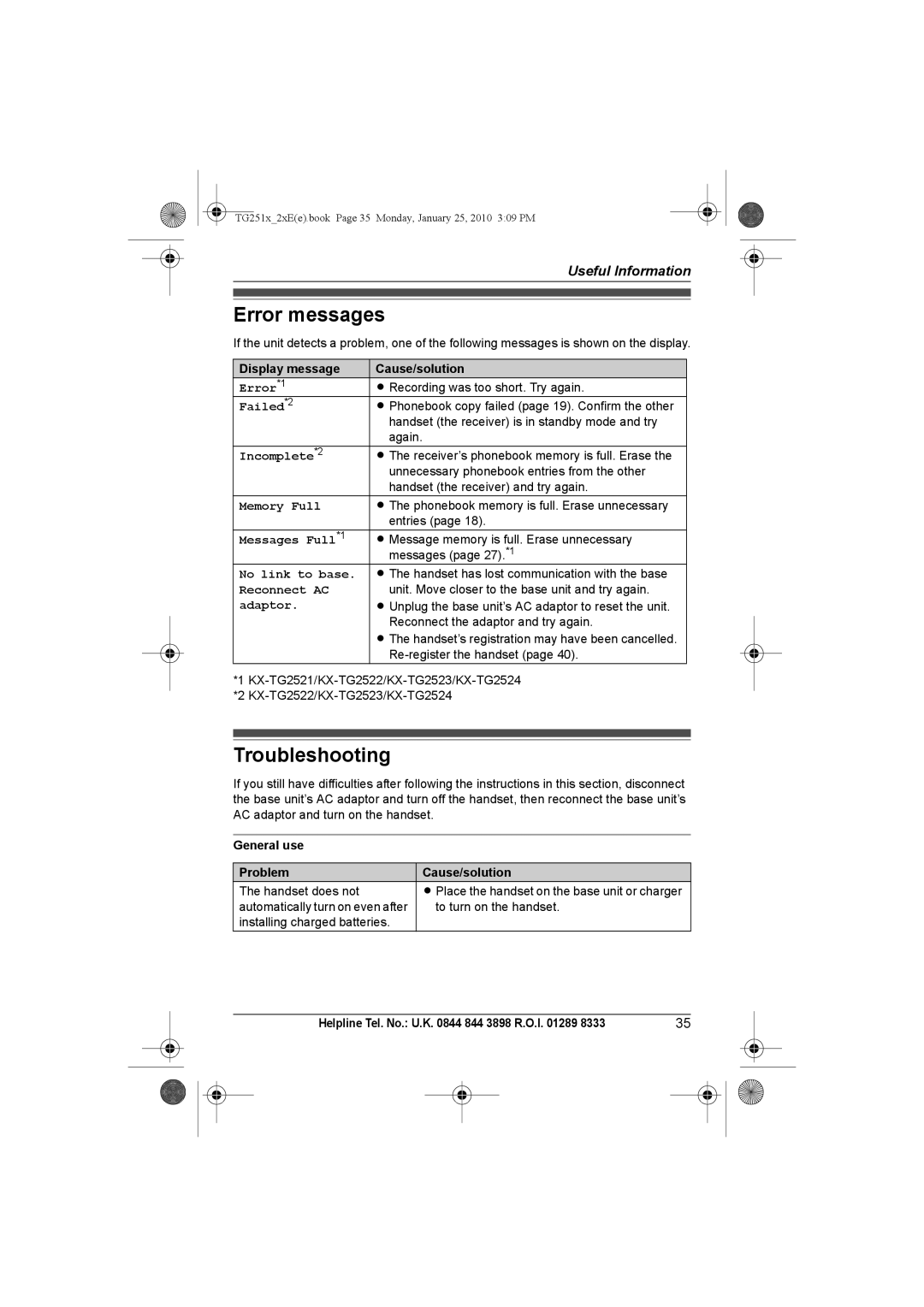 Panasonic KX-TG2522E, KX-TG2523E, KX-TG2524E, KX-TG2521E operating instructions Error messages, Troubleshooting 