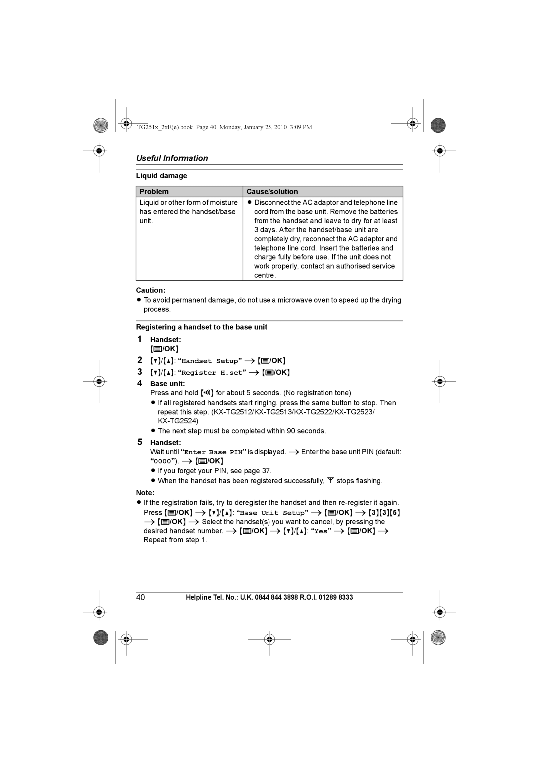 Panasonic KX-TG2523E, KX-TG2524E Liquid damage Problem Cause/solution, Registering a handset to the base unit Handset 