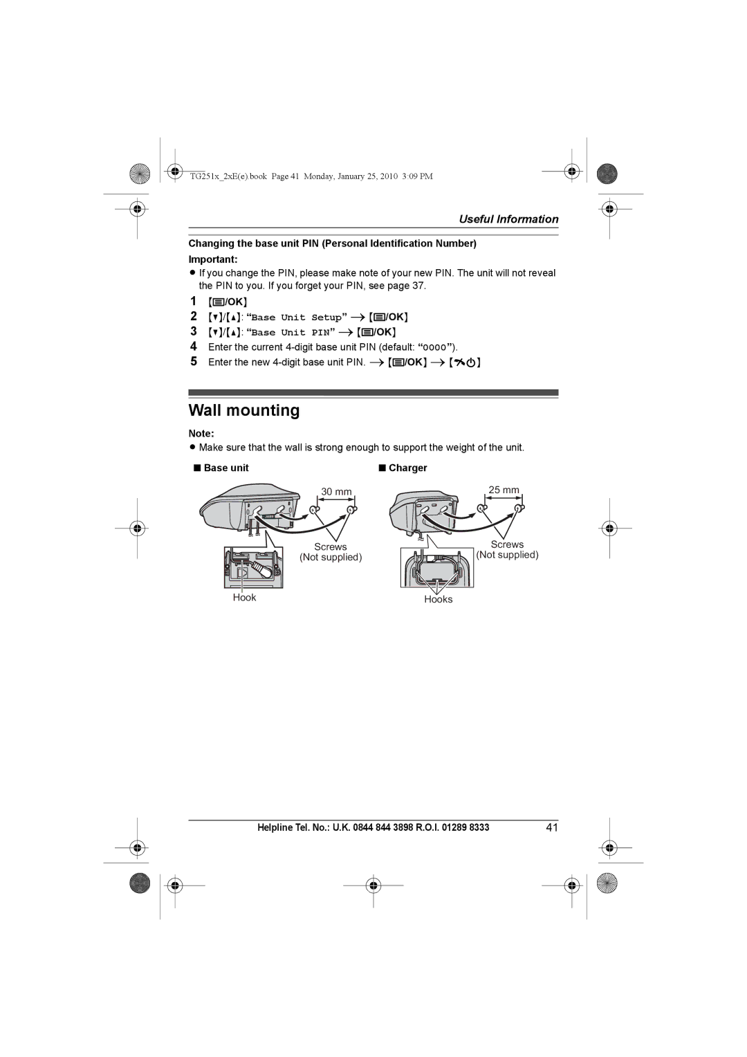 Panasonic KX-TG2524E Wall mounting, Changing the base unit PIN Personal Identification Number, Base unit Charger 