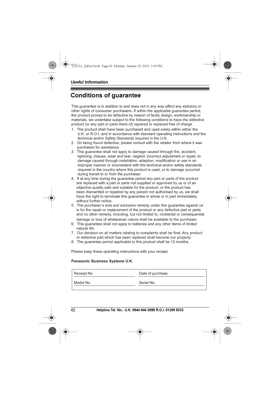 Panasonic KX-TG2521E, KX-TG2523E, KX-TG2524E, KX-TG2522E Conditions of guarantee, Panasonic Business Systems U.K 