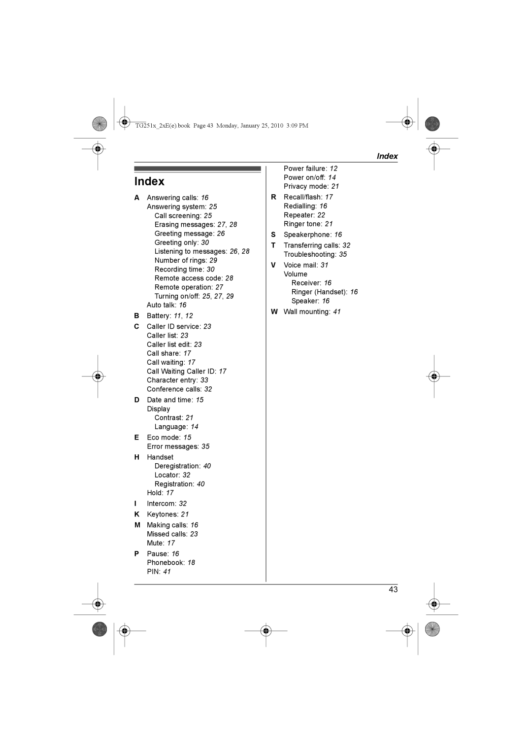 Panasonic KX-TG2522E, KX-TG2523E, KX-TG2524E, KX-TG2521E operating instructions Index 