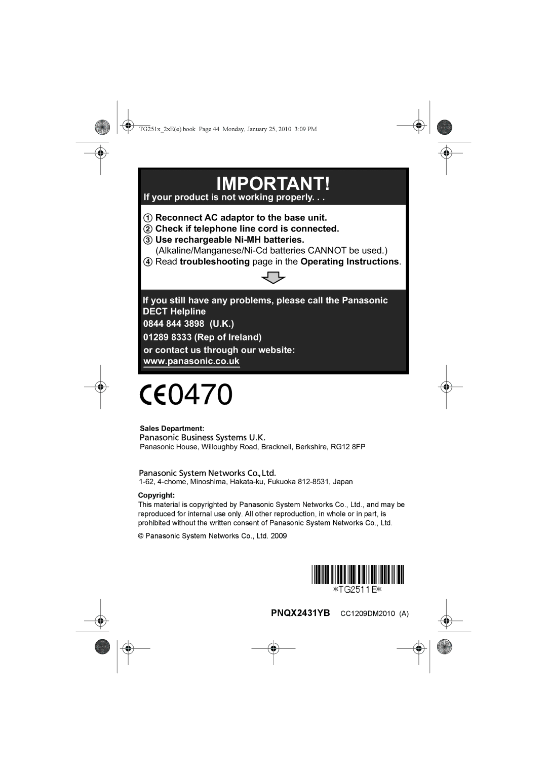 Panasonic KX-TG2523E, KX-TG2524E, KX-TG2521E, KX-TG2522E operating instructions Sales Department, Copyright 