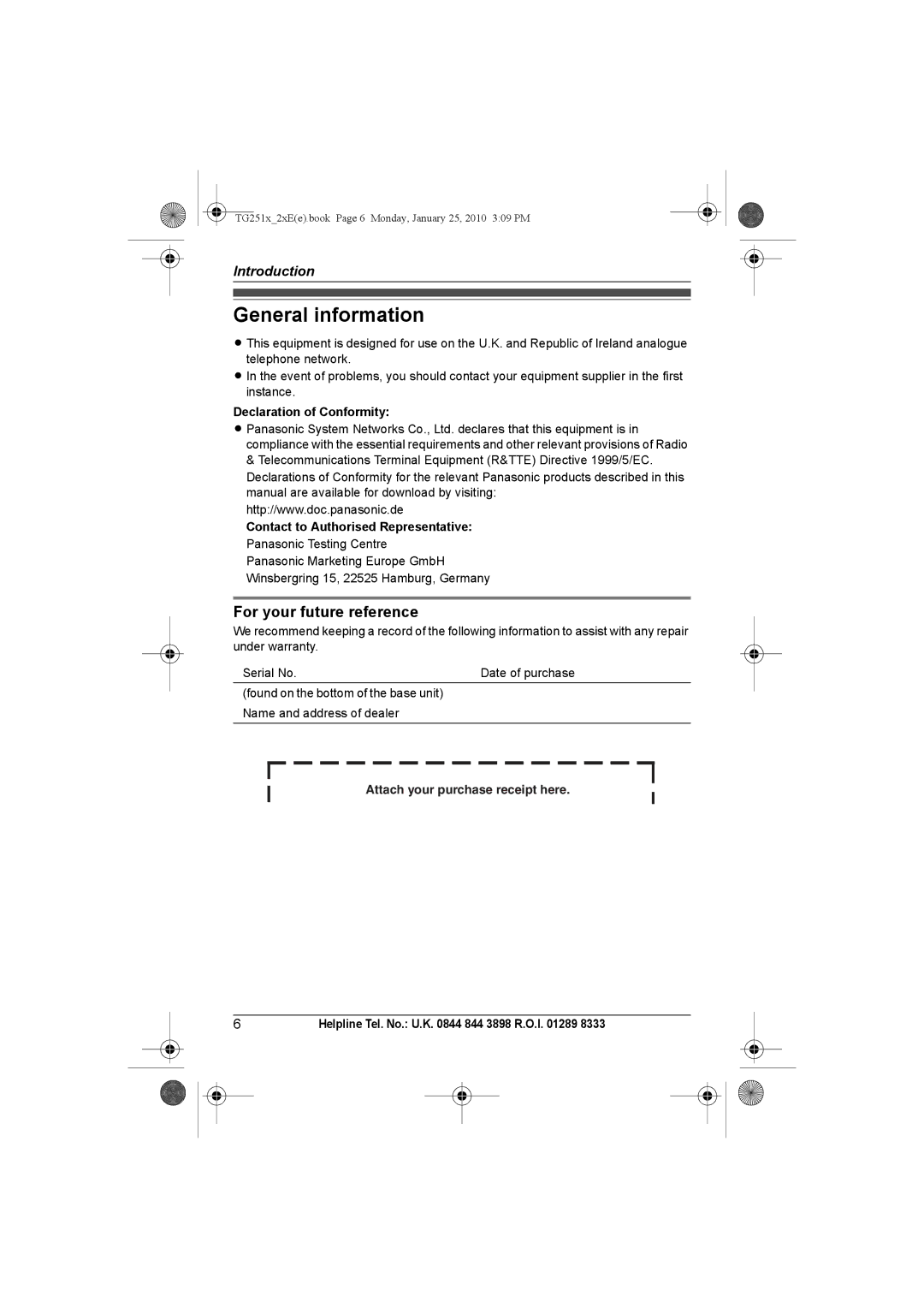 Panasonic KX-TG2521E, KX-TG2523E, KX-TG2524E General information, For your future reference, Declaration of Conformity 