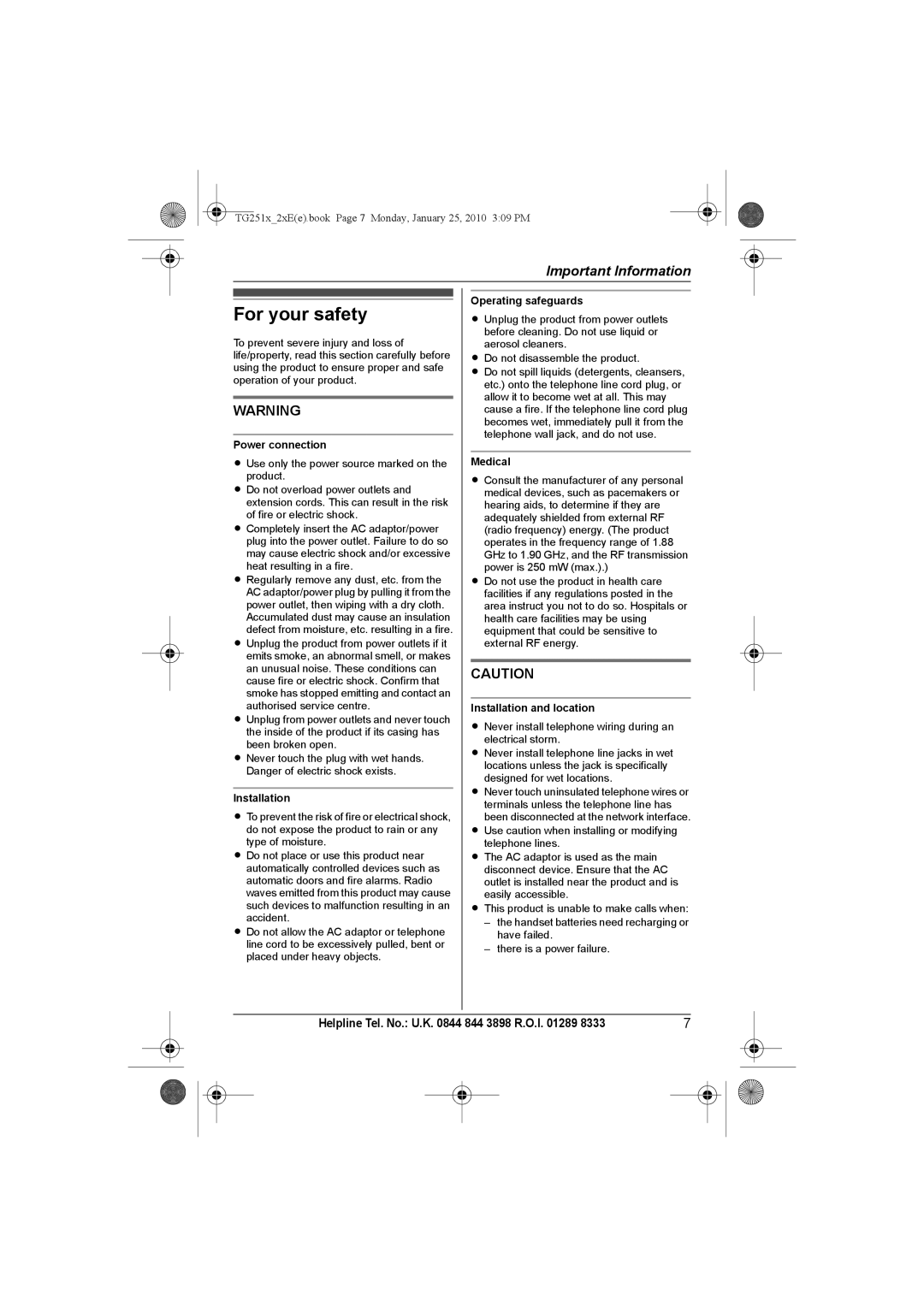 Panasonic KX-TG2522E, KX-TG2523E, KX-TG2524E, KX-TG2521E operating instructions For your safety 