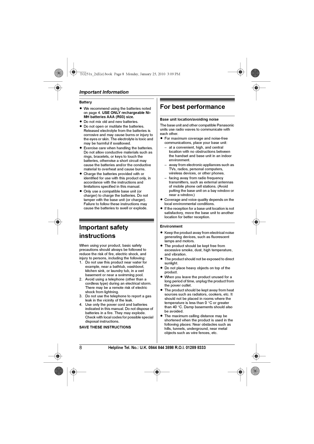 Panasonic KX-TG2523E, KX-TG2524E, KX-TG2521E, KX-TG2522E operating instructions Important safety instructions 