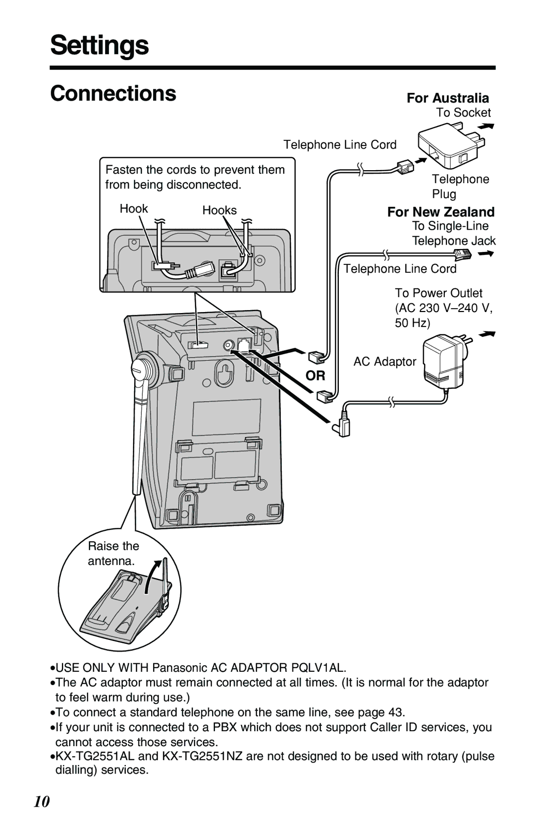 Panasonic KX-TG2551ALS, KX-TG2551NZS operating instructions Settings, Connections 