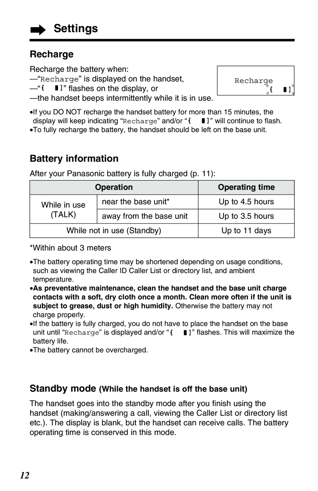 Panasonic KX-TG2551ALS, KX-TG2551NZS operating instructions Recharge, Battery information, Operation Operating time 