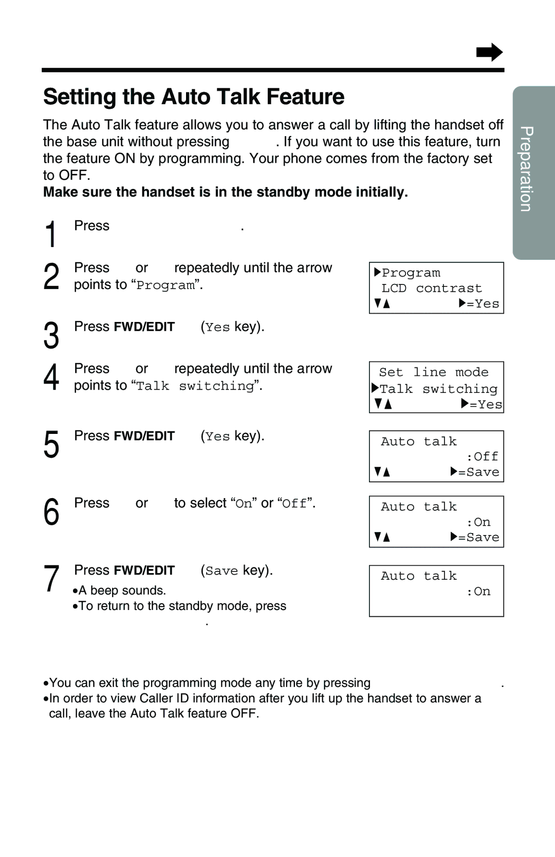 Panasonic KX-TG2551ALS, KX-TG2551NZS operating instructions Setting the Auto Talk Feature, Press Ö or Ñ to select On or Off 