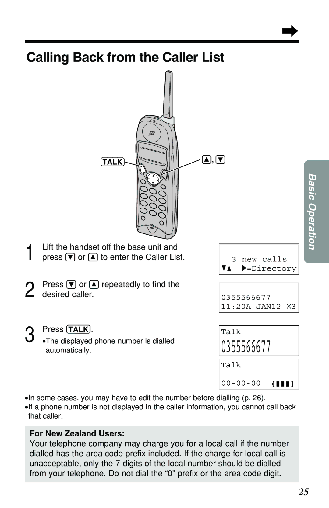 Panasonic KX-TG2551ALS, KX-TG2551NZS Calling Back from the Caller List, Lift the handset off the base unit, Desired caller 