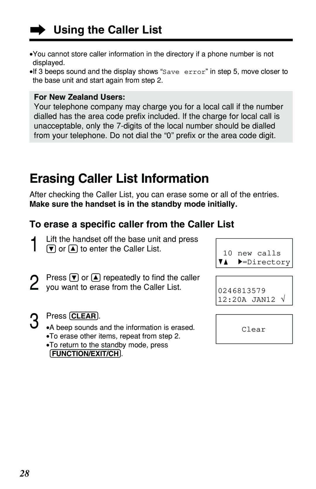 Panasonic KX-TG2551ALS, KX-TG2551NZS Erasing Caller List Information, To erase a speciﬁc caller from the Caller List 