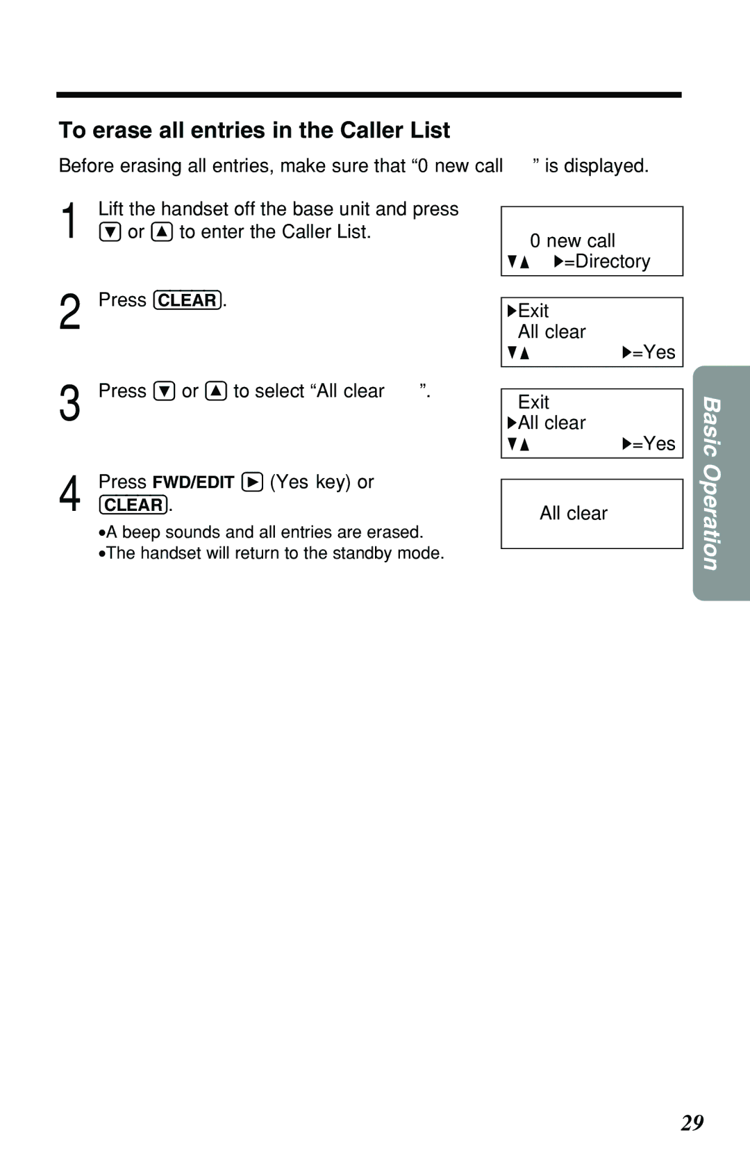 Panasonic KX-TG2551ALS, KX-TG2551NZS operating instructions To erase all entries in the Caller List 