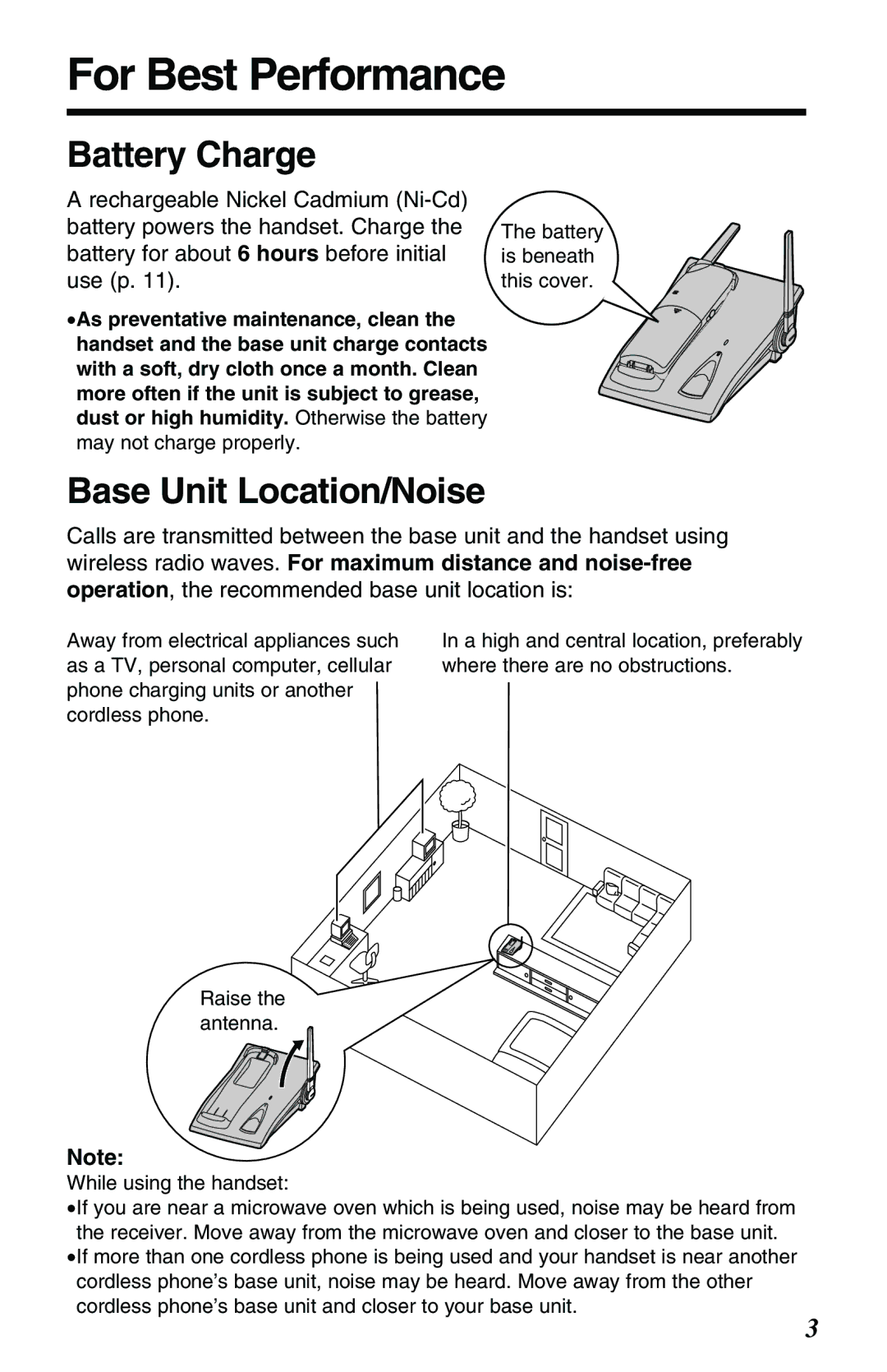 Panasonic KX-TG2551ALS, KX-TG2551NZS operating instructions For Best Performance, Battery Charge, Base Unit Location/Noise 