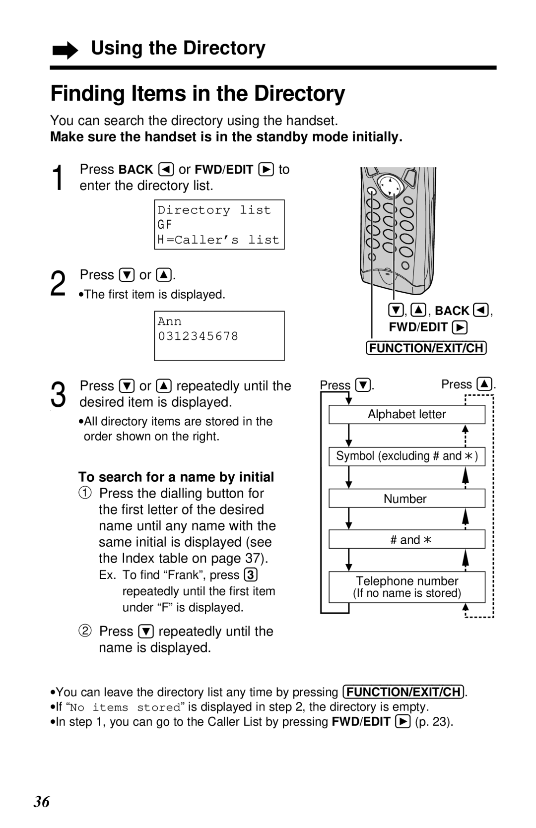 Panasonic KX-TG2551ALS, KX-TG2551NZS operating instructions Finding Items in the Directory, To search for a name by initial 