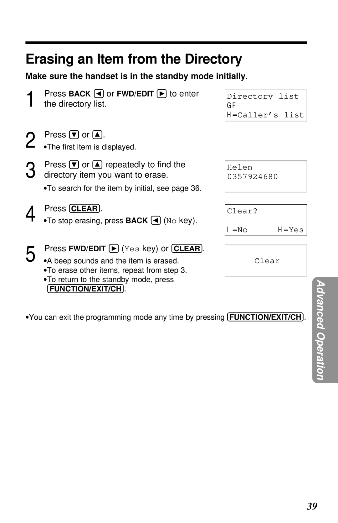 Panasonic KX-TG2551ALS, KX-TG2551NZS Erasing an Item from the Directory, Directory item you want to erase 