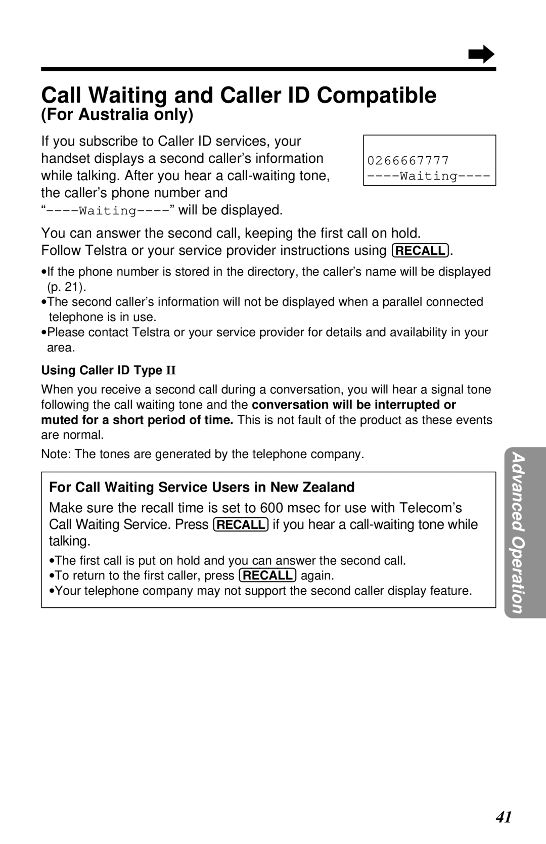 Panasonic KX-TG2551ALS, KX-TG2551NZS operating instructions Call Waiting and Caller ID Compatible, For Australia only 