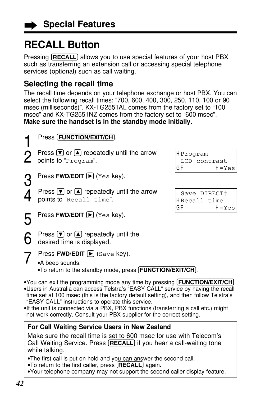 Panasonic KX-TG2551ALS, KX-TG2551NZS operating instructions Recall Button, Selecting the recall time, Points to Recall time 