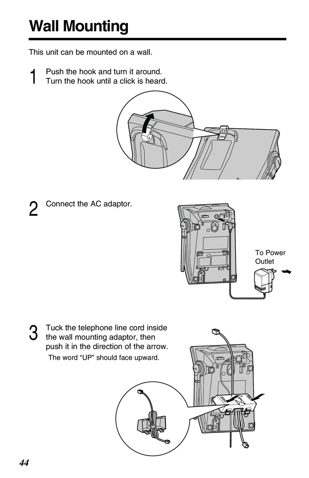 Panasonic KX-TG2551ALS, KX-TG2551NZS Wall Mounting, Tuck the telephone line cord inside, Wall mounting adaptor, then 