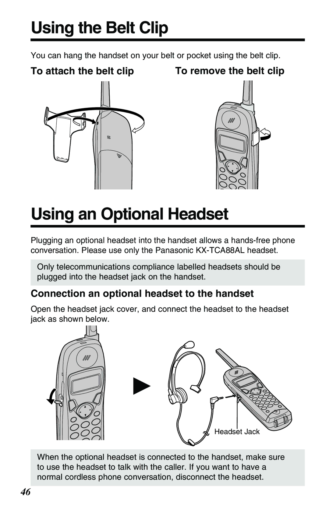 Panasonic KX-TG2551ALS, KX-TG2551NZS operating instructions Using the Belt Clip, Using an Optional Headset 