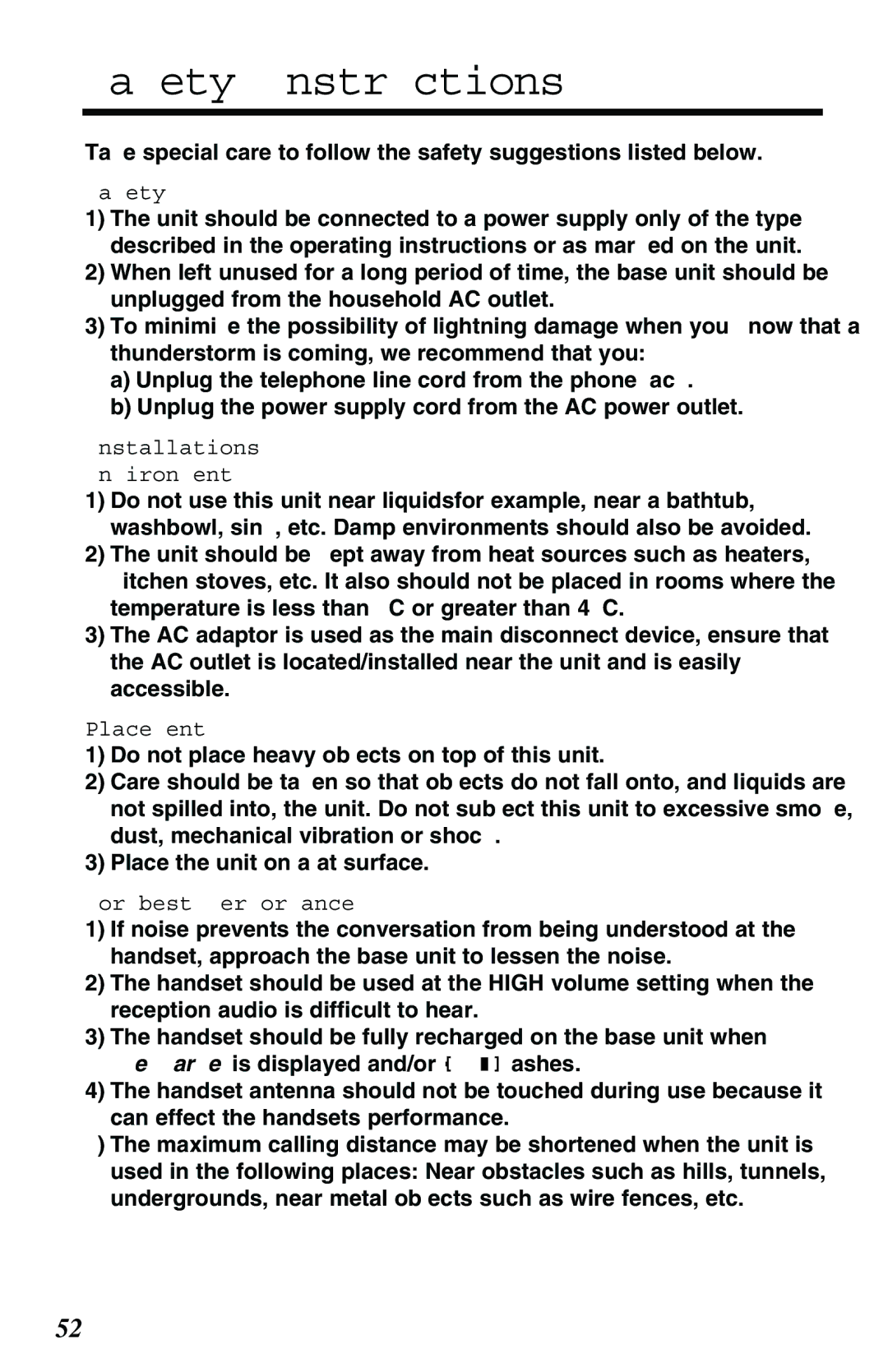 Panasonic KX-TG2551ALS, KX-TG2551NZS Safety Instructions, Installations Environment, Placement, For best performance 