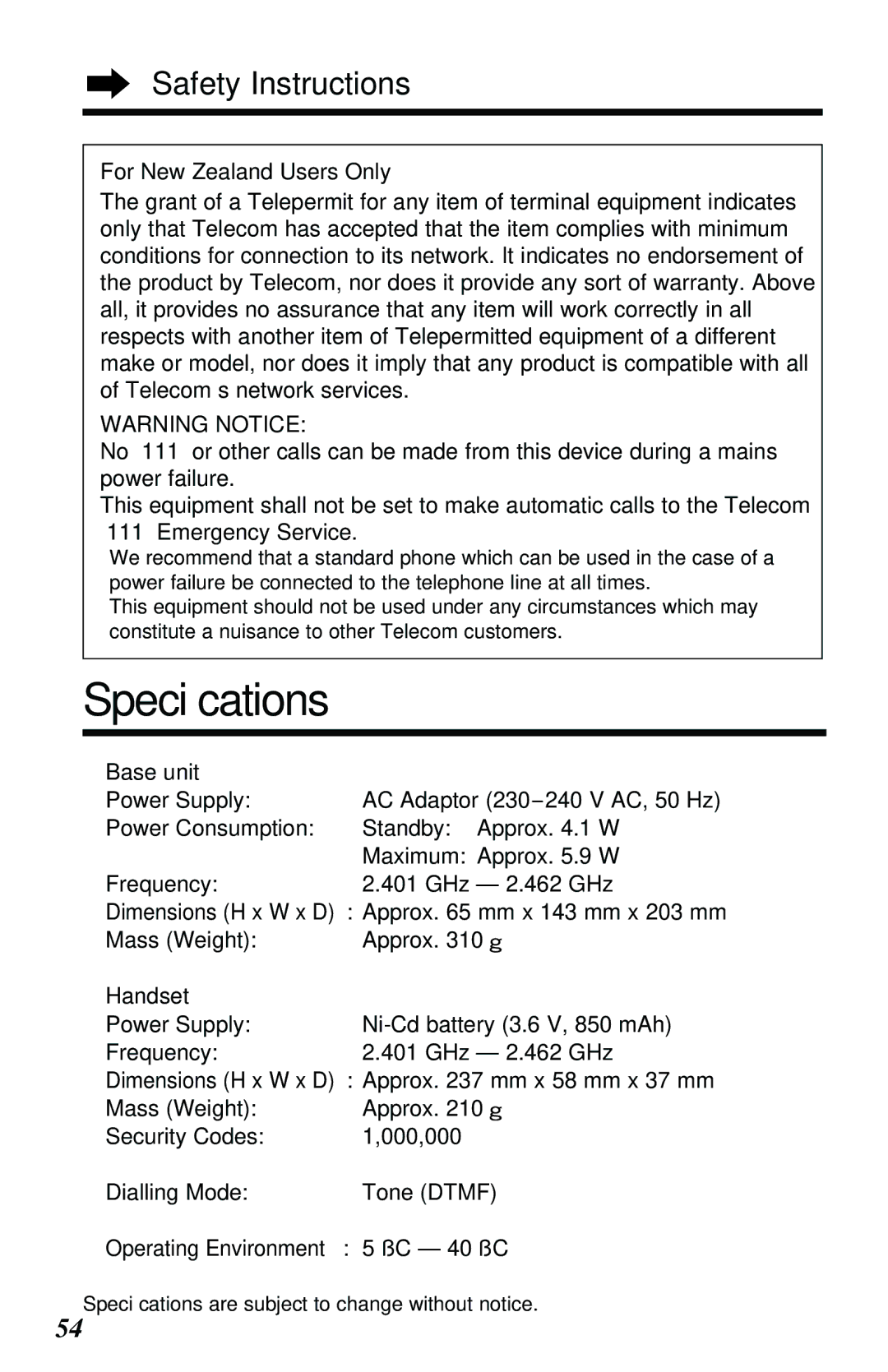 Panasonic KX-TG2551ALS, KX-TG2551NZS operating instructions Speciﬁcations 