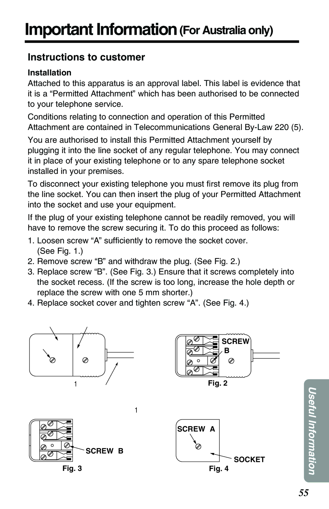 Panasonic KX-TG2551ALS, KX-TG2551NZS Important Information For Australia only, Instructions to customer, Installation 