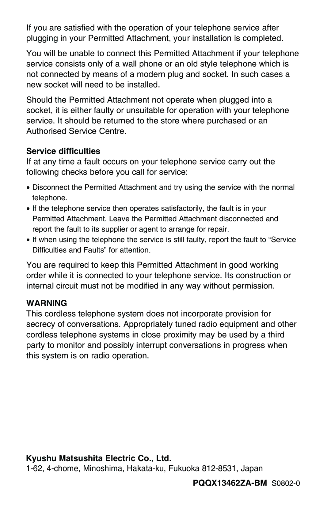 Panasonic KX-TG2551ALS, KX-TG2551NZS operating instructions Service difficulties, PQQX13462ZA-BM S0802-0 