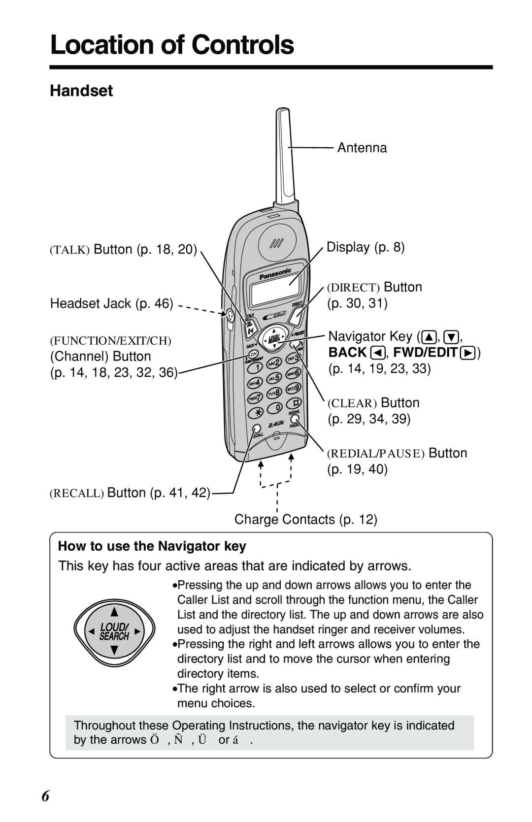 Panasonic KX-TG2551ALS, KX-TG2551NZS operating instructions Location of Controls, Handset, How to use the Navigator key 