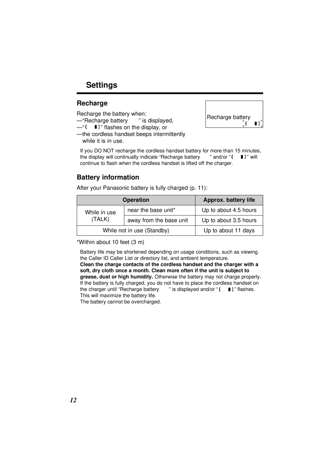 Panasonic KX-TG2564S operating instructions Settings, Recharge, Battery information, Operation Approx. battery life 