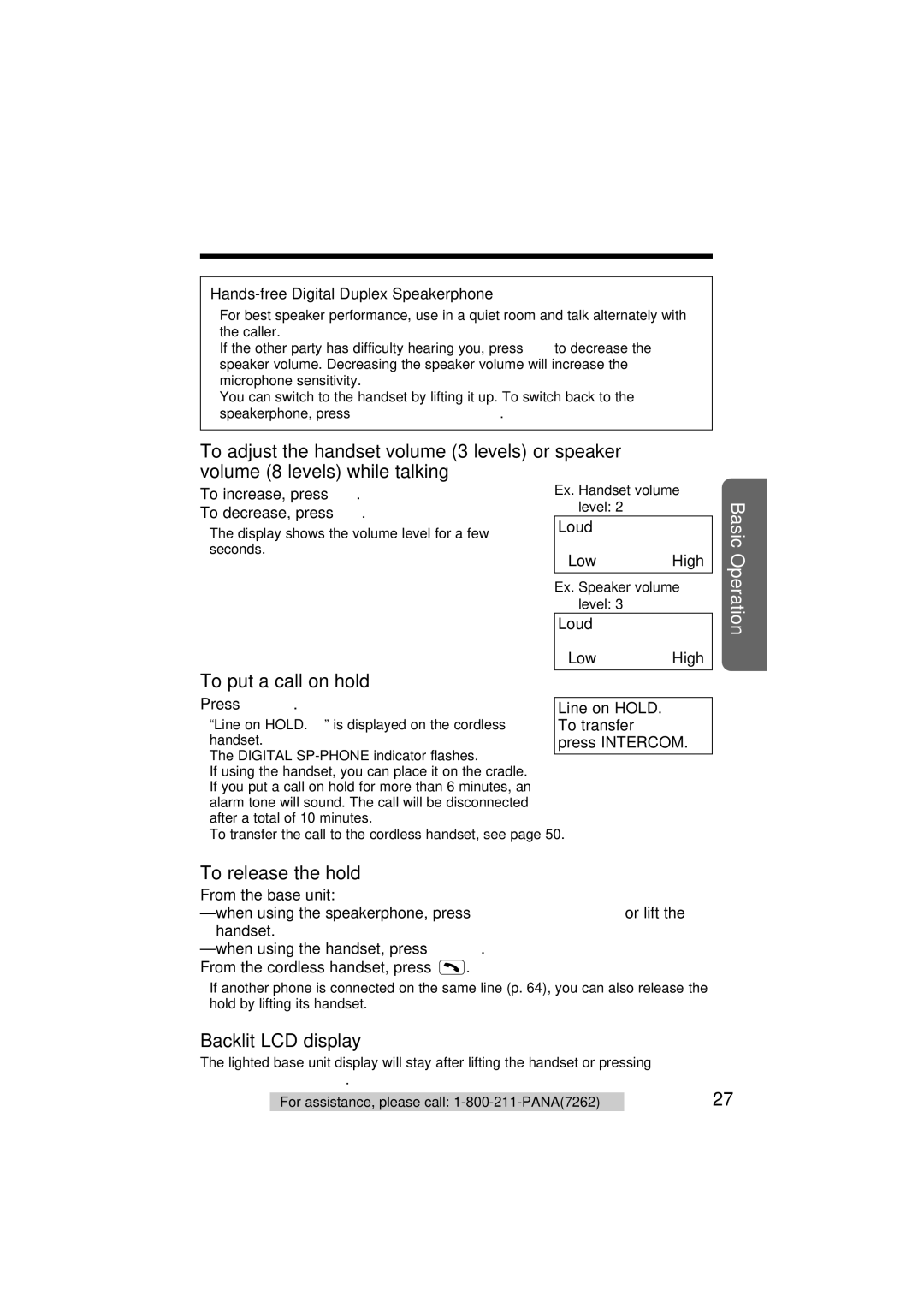 Panasonic KX-TG2564S Hands-free Digital Duplex Speakerphone, To increase, press ‹ To decrease, press ›, Press Hold 