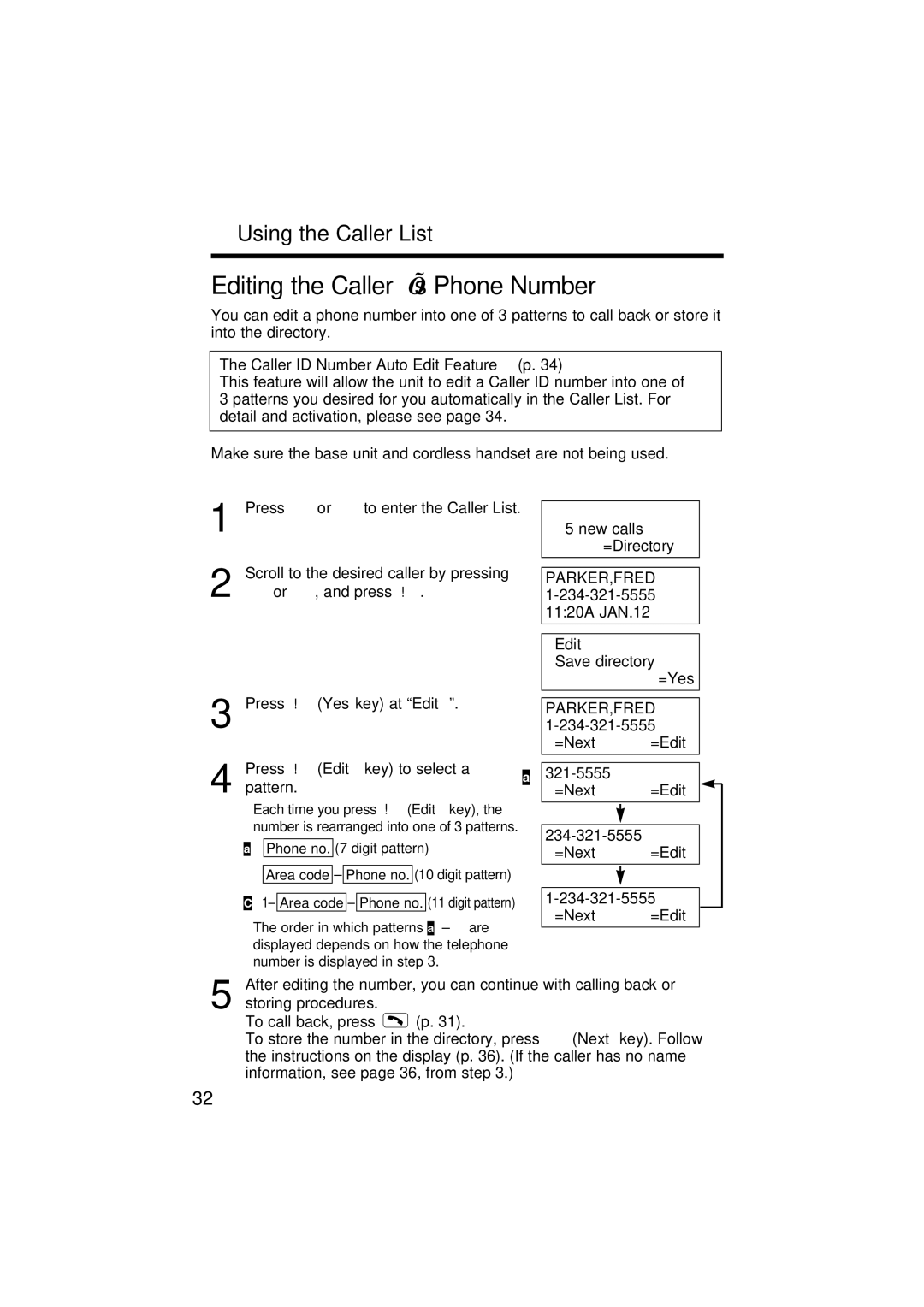 Panasonic KX-TG2564S Editing the Caller’s Phone Number, Using the Caller List, Caller ID Number Auto Edit Feature p 