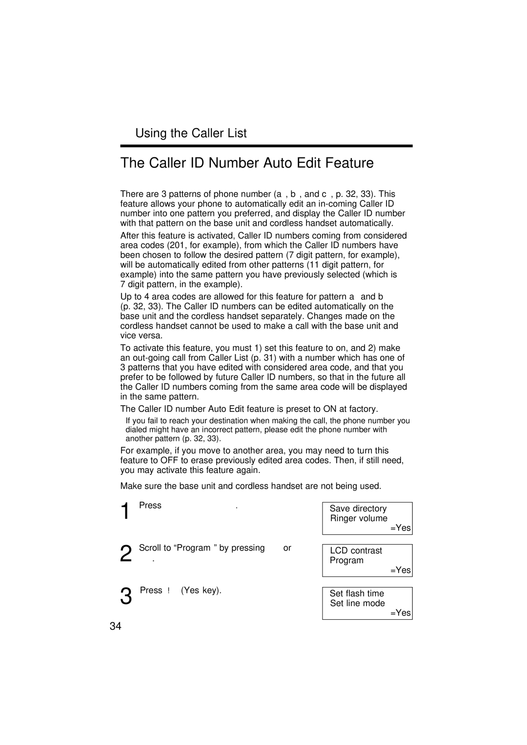 Panasonic KX-TG2564S Caller ID Number Auto Edit Feature, Scroll to Program by pressing › or Press ﬂ Yes key 