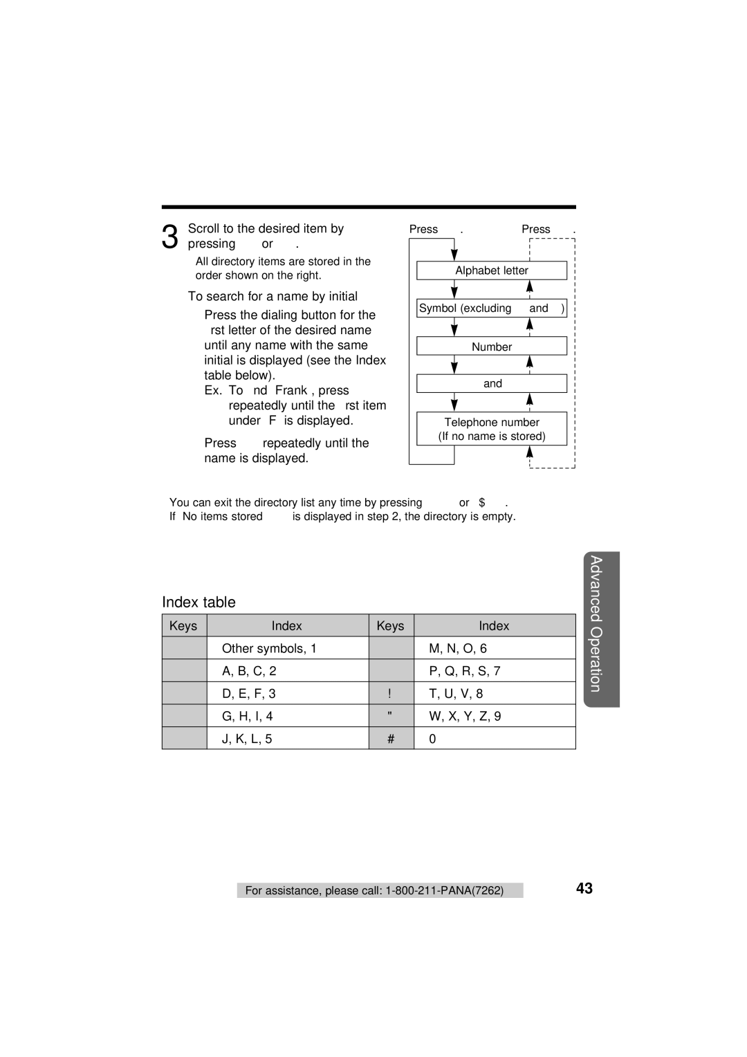 Panasonic KX-TG2564S Index table, Scroll to the desired item by pressing › or ‹, To search for a name by initial 