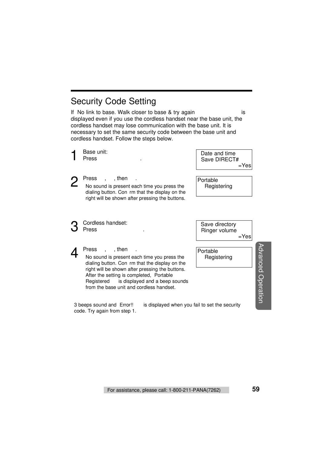 Panasonic KX-TG2564S operating instructions Security Code Setting Cordless\Handset\&\Base\Unit, Press 7, 3, then 