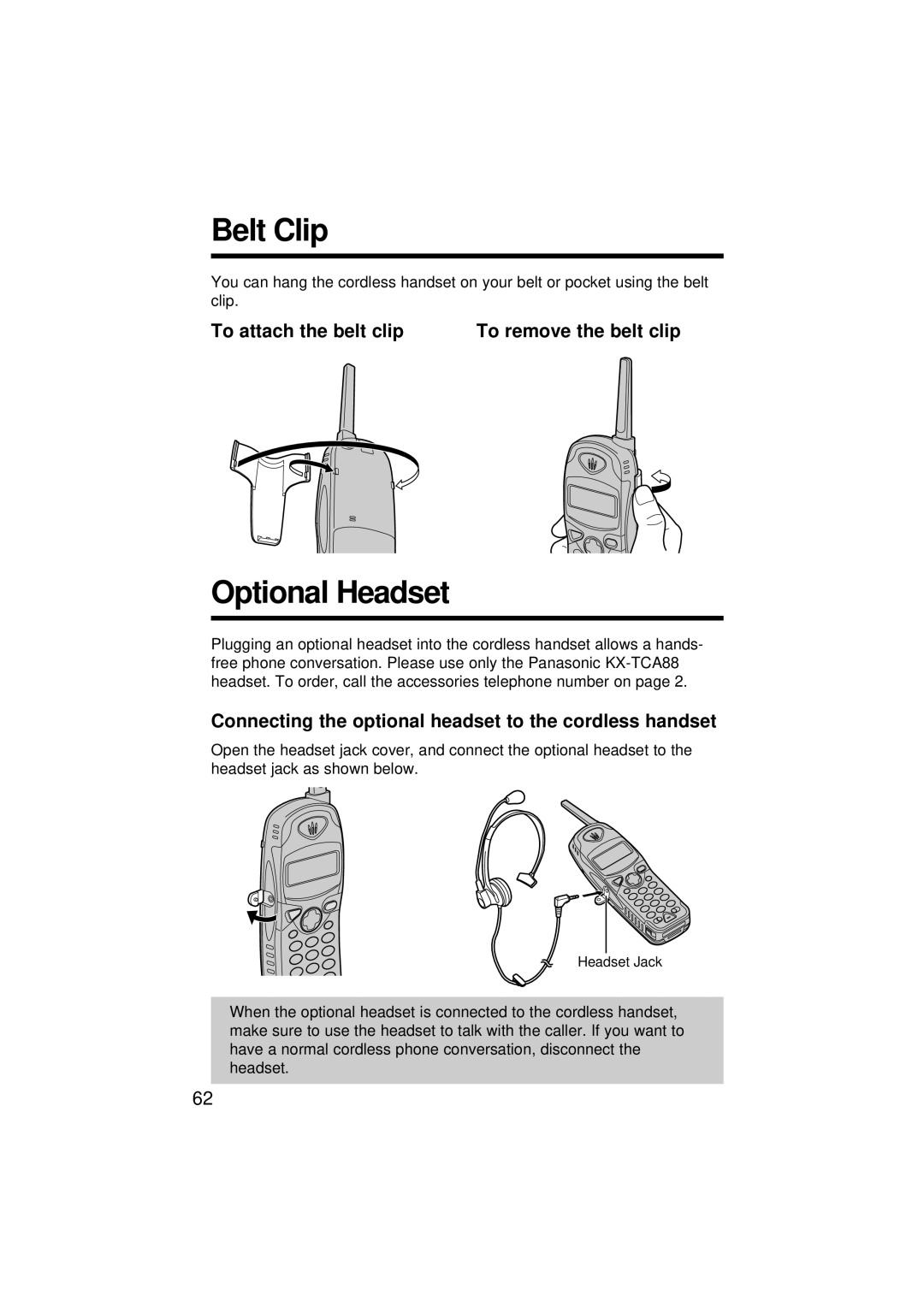 Panasonic KX-TG2564S operating instructions Belt Clip, Optional Headset, To attach the belt clip To remove the belt clip 