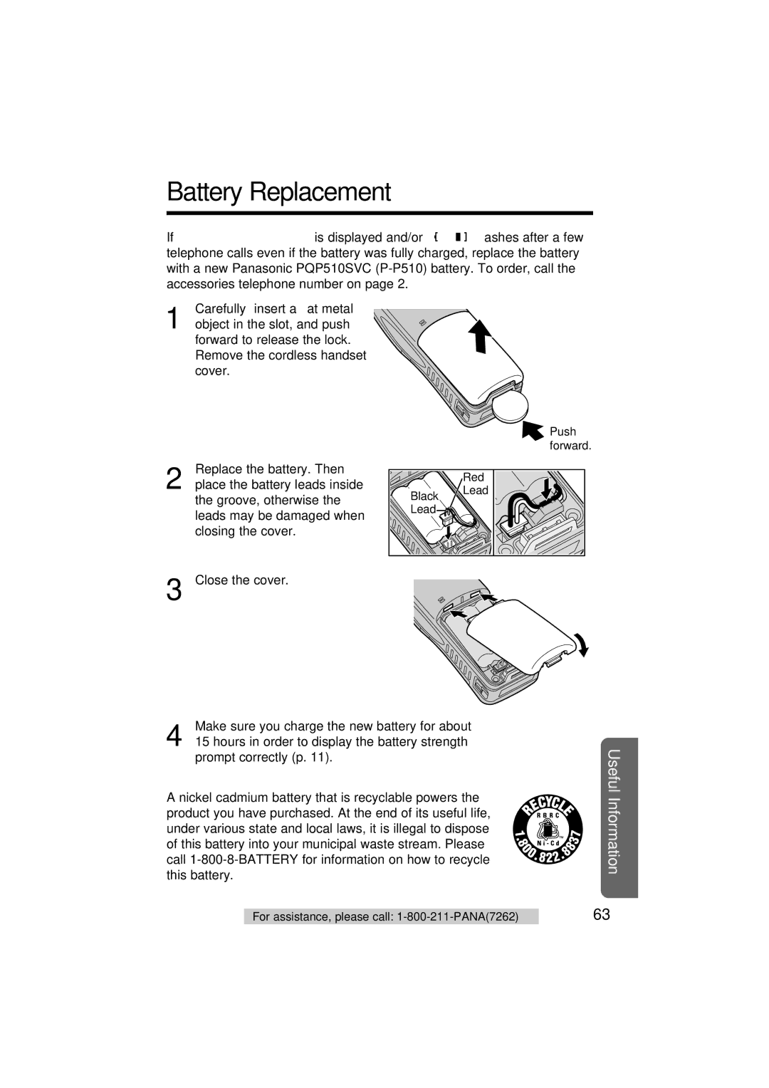 Panasonic KX-TG2564S operating instructions Battery Replacement, Make sure you charge the new battery for about 