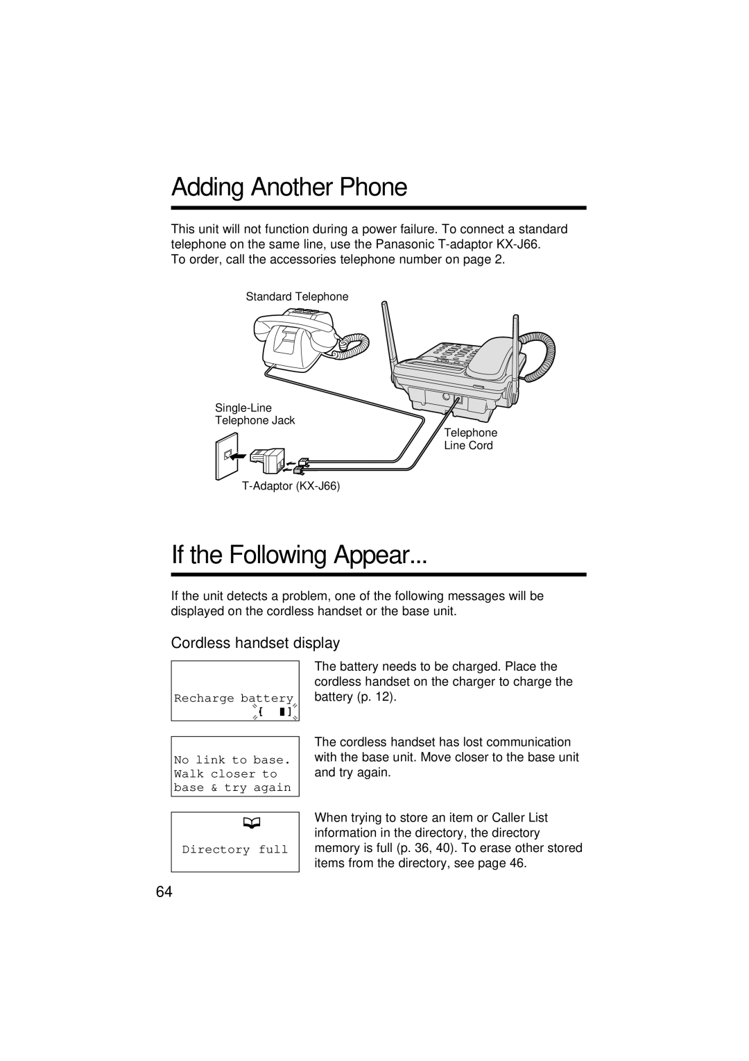 Panasonic KX-TG2564S operating instructions Adding Another Phone, If the Following Appear, Cordless handset display 